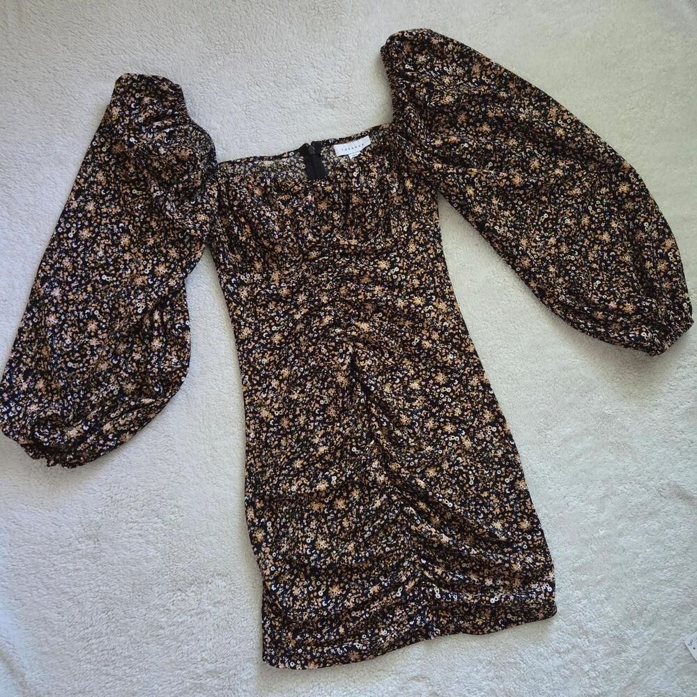 TOPSHOP Black Brown Ditsy Floral Ruched Balloon Sleeve Mini Tea Dress Size 2